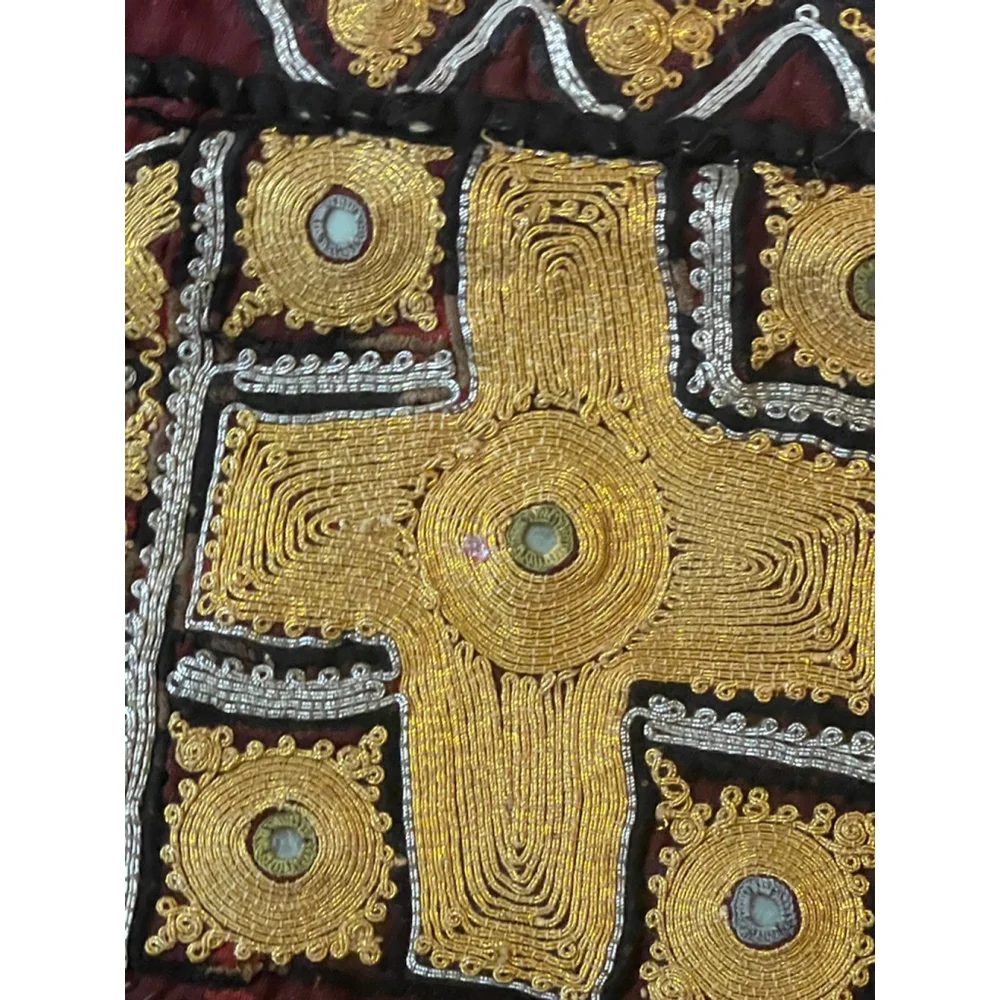 Vintage Indian Embroidered Mirror Work Wall Hanging 46x24 Gujarat Rajasthan